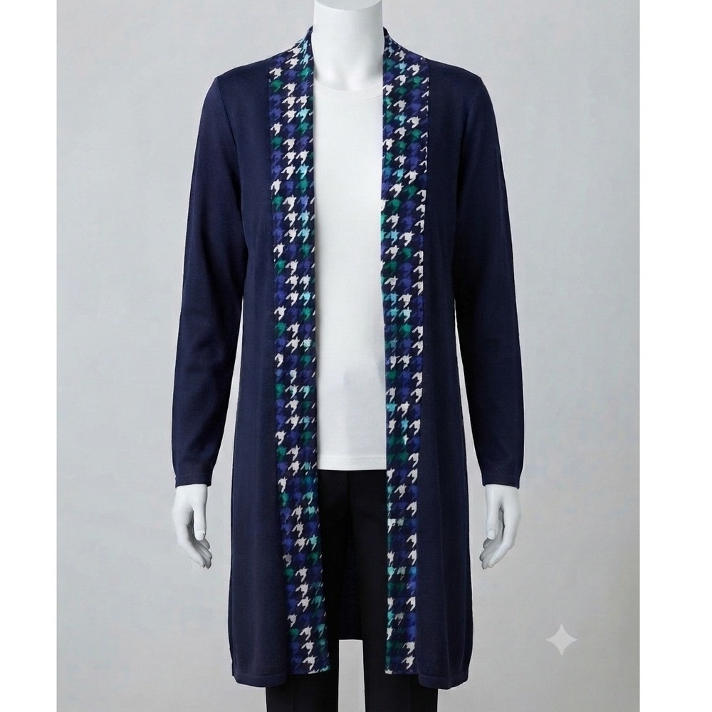Jessica London Womens Navy Blue Cotton Houndstooth Open Front Cardigan 14/16 XL